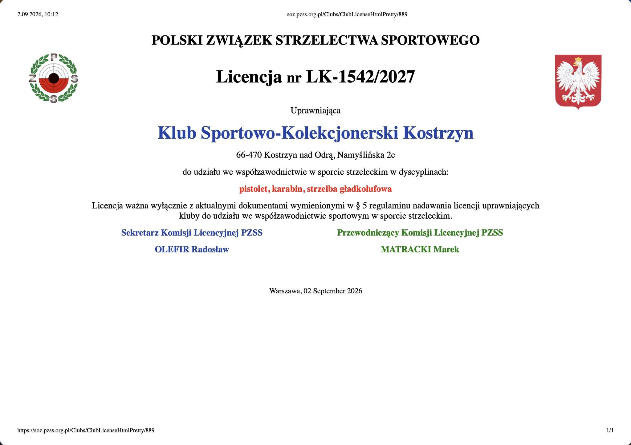 Licencja klubowa PZSS LK-1542/2027 KSK Kostrzyn