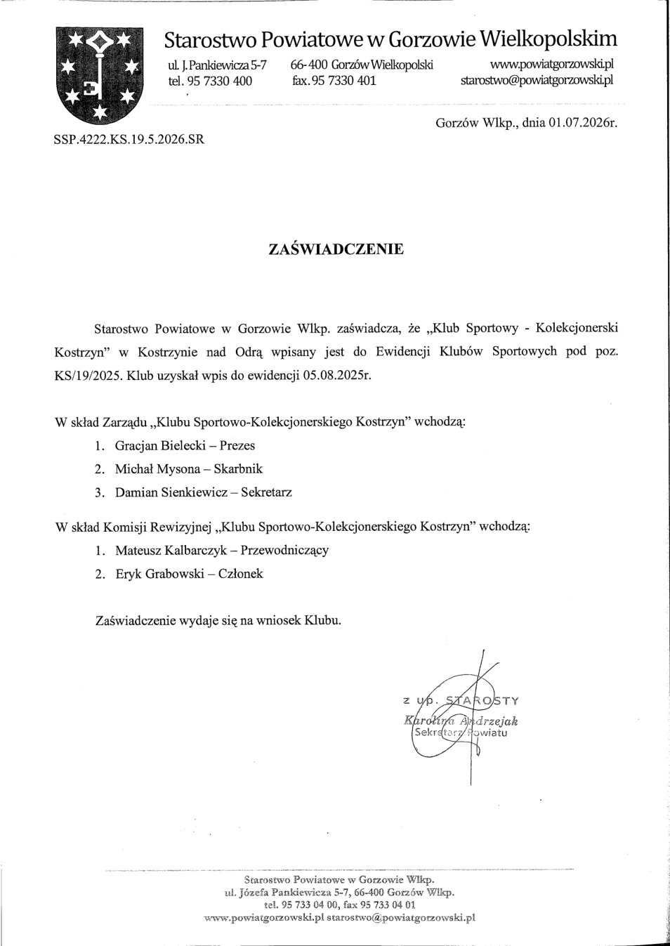 Podgląd zaświadczenia o wpisie do ewidencji klubów sportowych